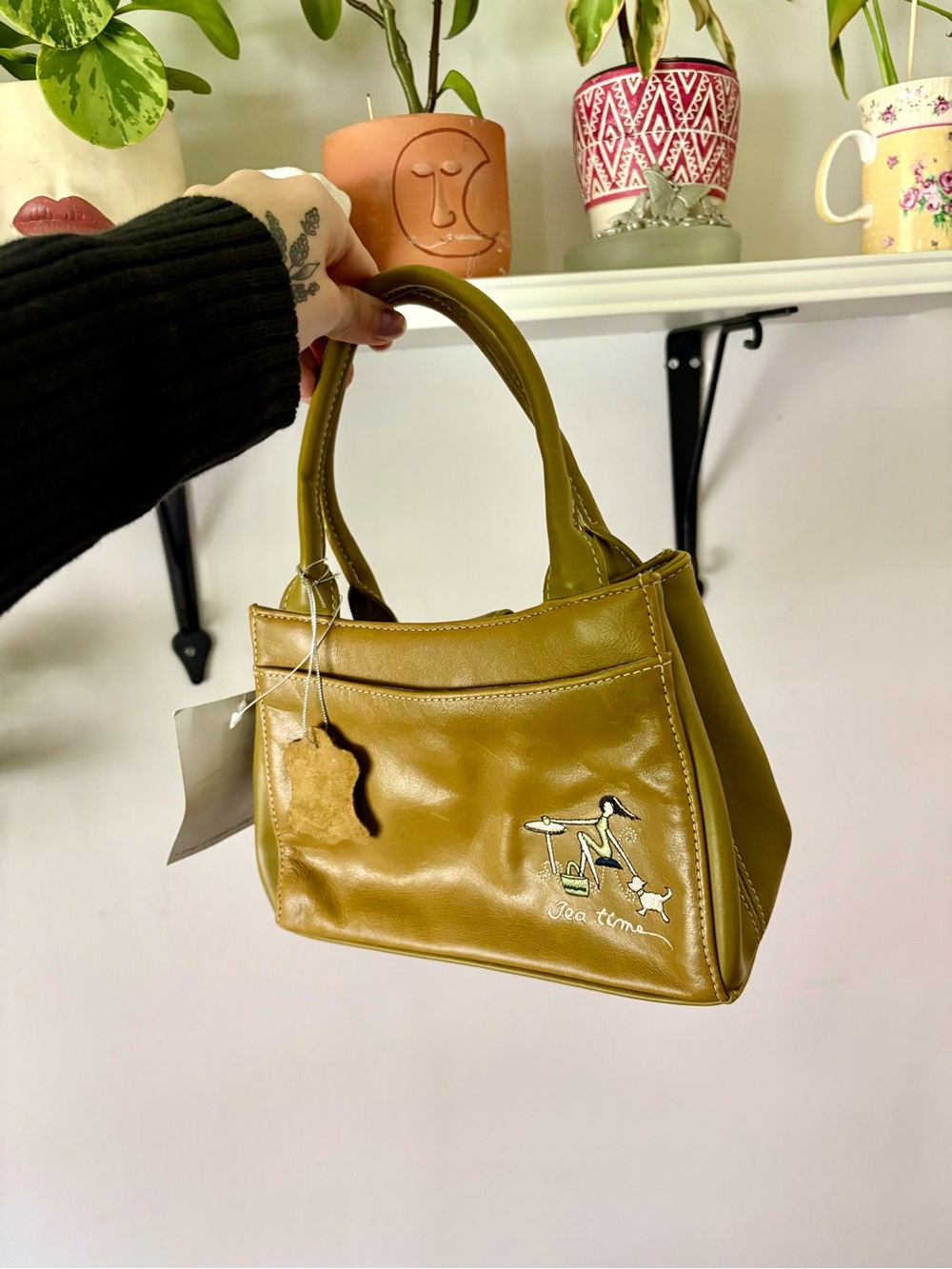 Aurielle Olive Green Top-Handle Tote with Embroidered Tea Time Motif